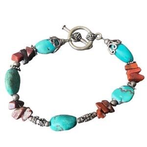 Turquoise and Red Stone Silver Tone Bracelet